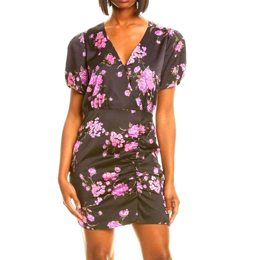 Leyden Dress Mini‎ Short Ruched Wrap Purple Black Floral Puffed Sleeve Satin M